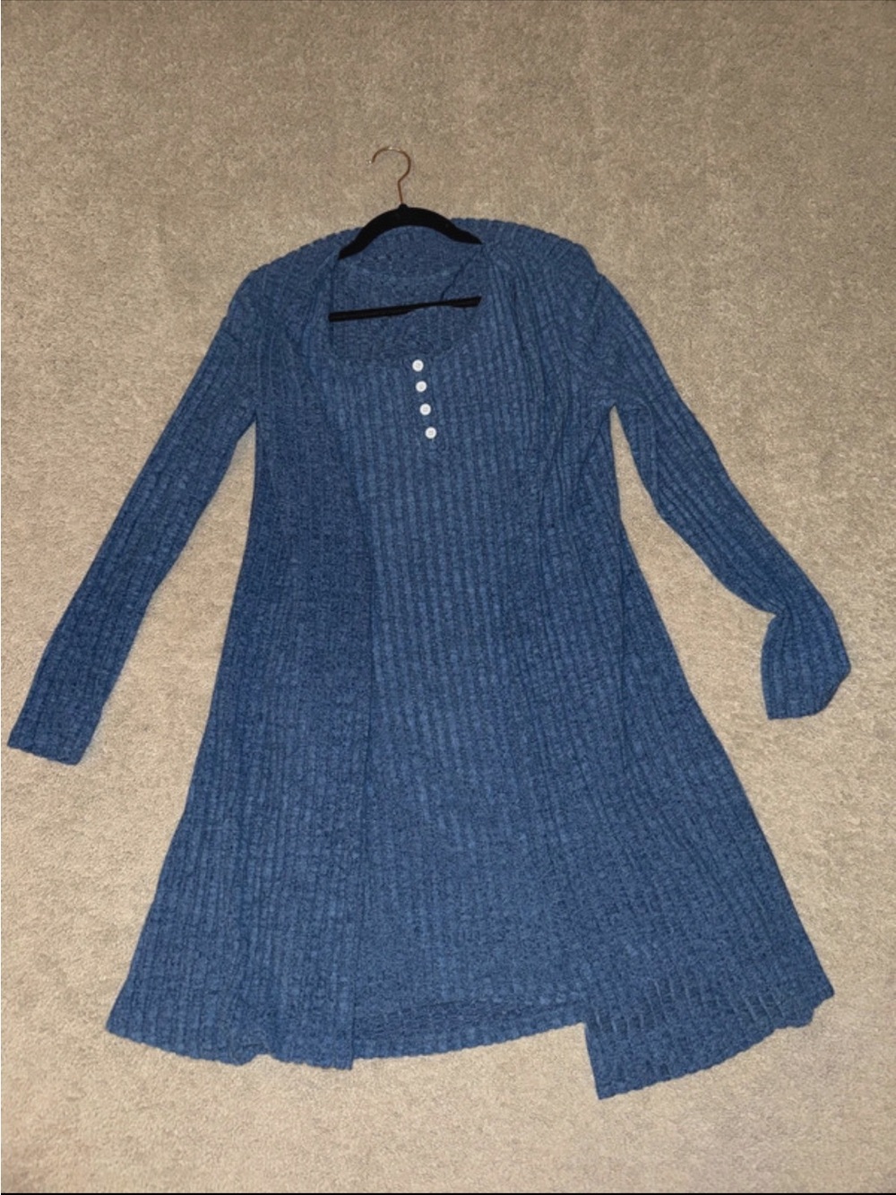 Blue Ribbed 2 Piece Midi Dress & Long Cardigan Set Medium NWOT